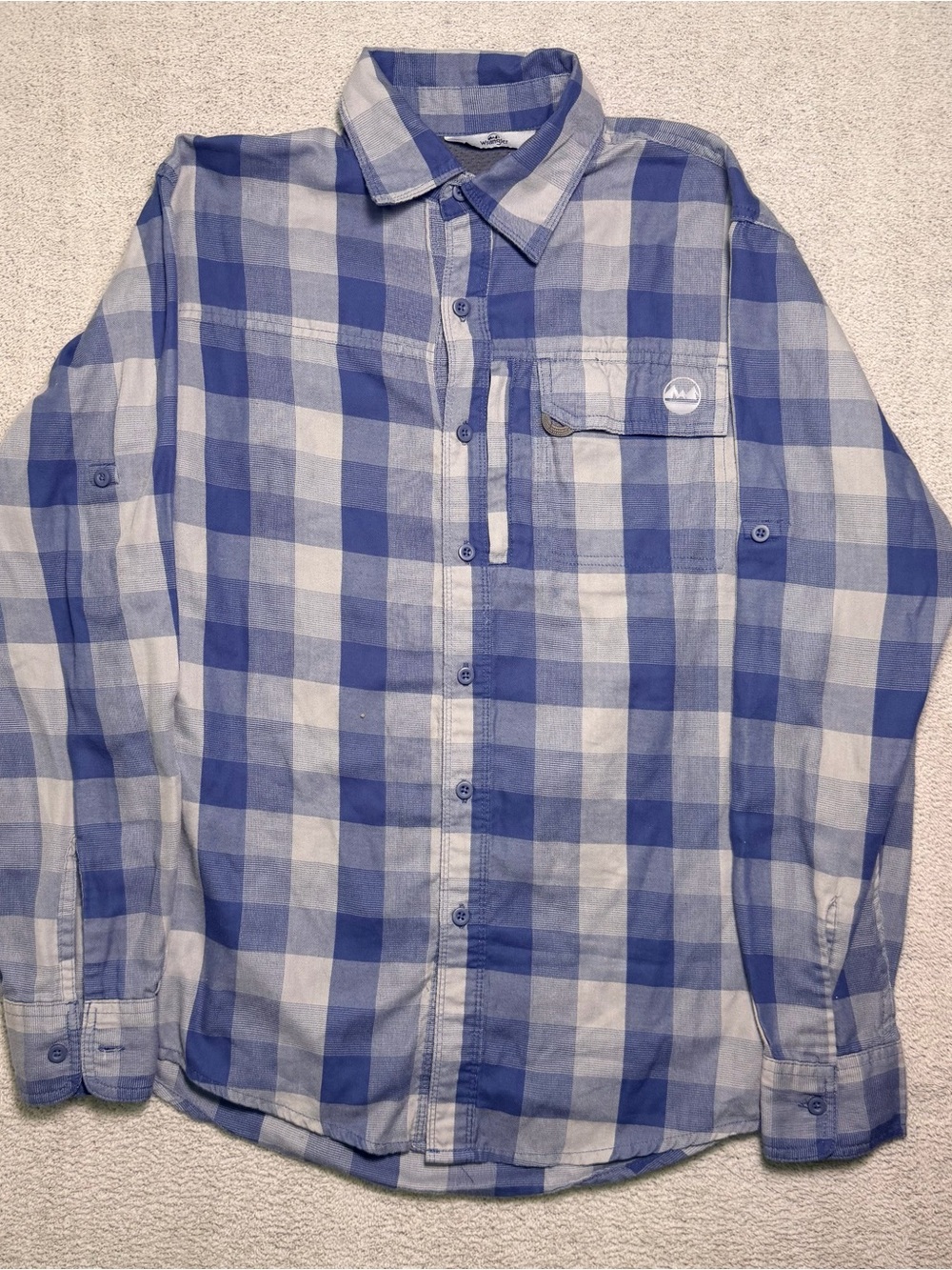 Wrangler Outdoor Shirt Mens Small Blue Gray Plaid Long Sleeve Utility Hiking